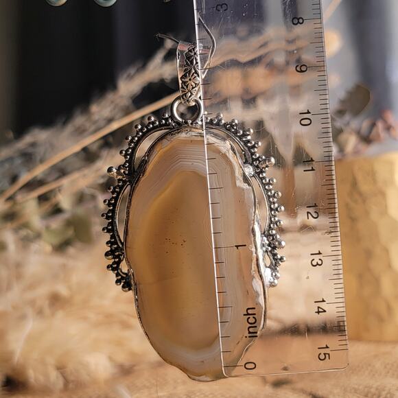 Radiant Golden Banded Agate Pendant, Sterling Silver Vintage-Inspired Necklace - Picture 5 of 10